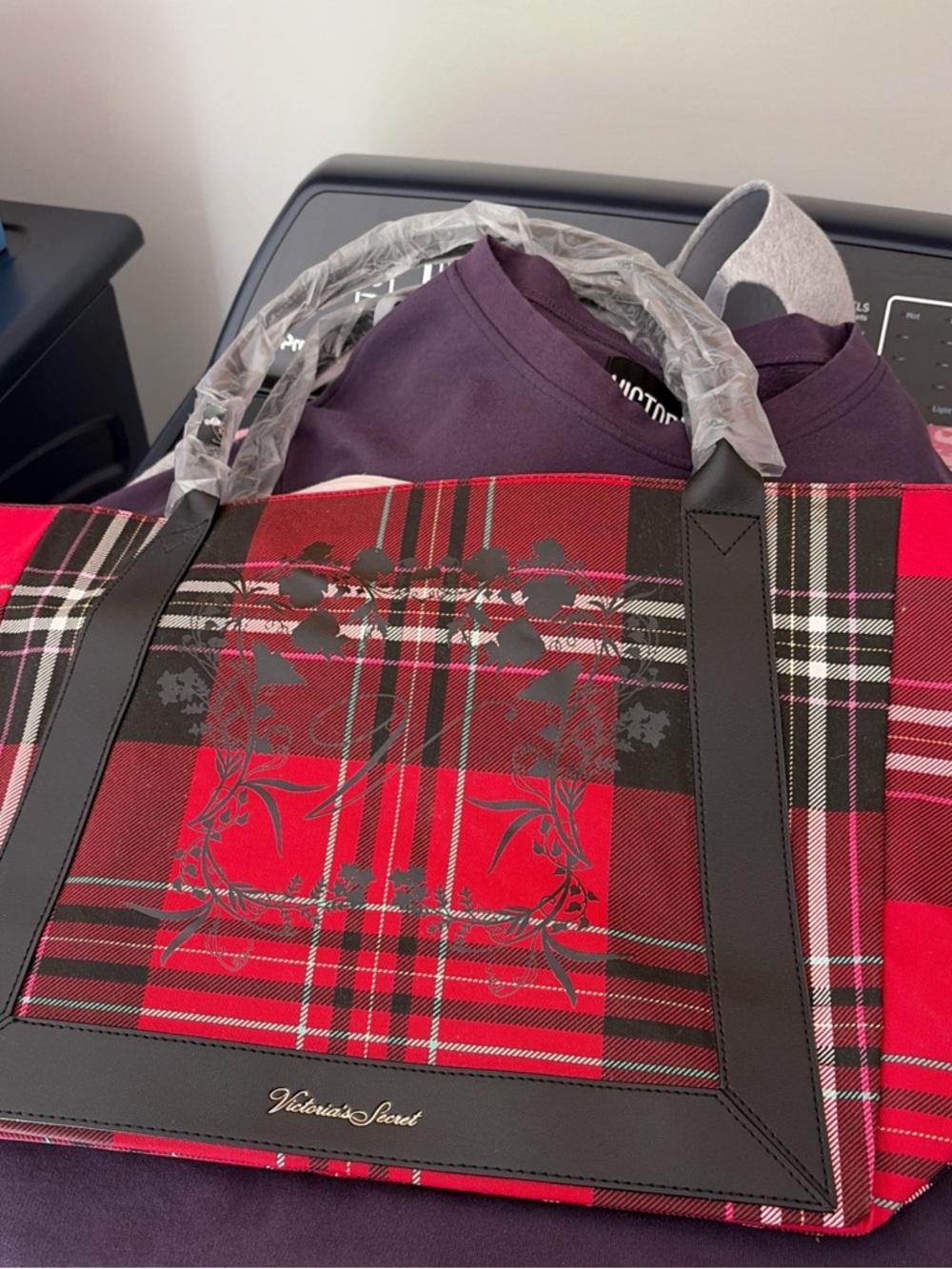 Victoria's Secret Red and Black Plaid Tote with Floral Crest